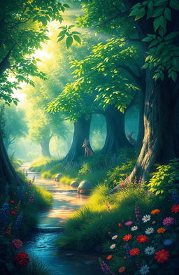 A serene and mystical landscape depicting an enchanting forest filled with vibrant colors