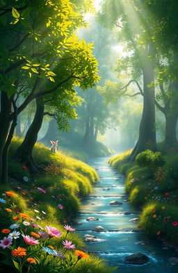 A serene and mystical landscape depicting an enchanting forest filled with vibrant colors