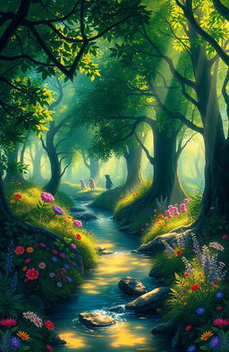 A serene and mystical landscape depicting an enchanting forest filled with vibrant colors