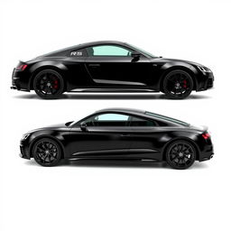 A sleek, totally black Audi RS sports car viewed from the side, showcasing its aerodynamic design and aggressive stance