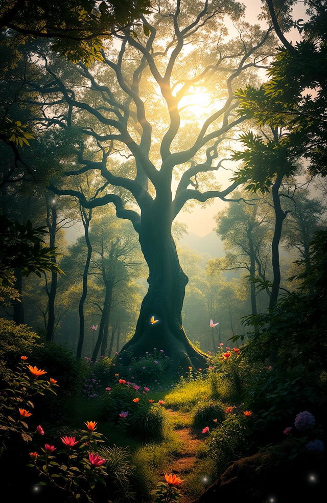 A mystical forest at dawn, where sunlight filters through dense foliage, casting dappled shadows on the forest floor