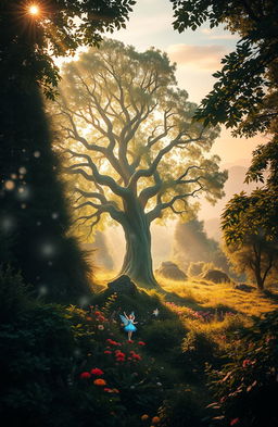 A mystical forest at dawn, where sunlight filters through dense foliage, casting dappled shadows on the forest floor