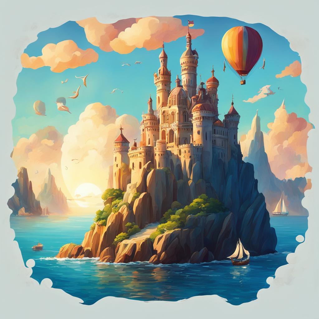 Studio Ghibli style image of a Rococo-inspired Atlantis-type marble castle emerging from sea at sunrise with scattered islands, a hot air balloon and three sailboats in distance