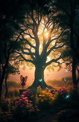 A mystical forest at dawn, where sunlight filters through dense foliage, casting dappled shadows on the forest floor