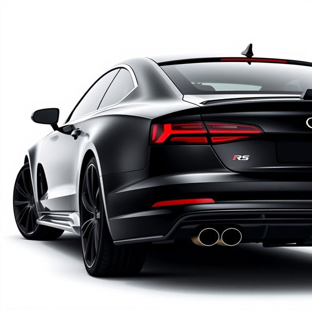 A sleek, fully black Audi RS car viewed from the rear, showcasing its elegant lines and sporty design