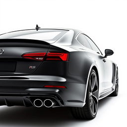 A sleek, fully black Audi RS car viewed from the rear, showcasing its elegant lines and sporty design