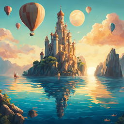 Studio Ghibli style image of a Rococo-inspired Atlantis-type marble castle emerging from sea at sunrise with scattered islands, a hot air balloon and three sailboats in distance