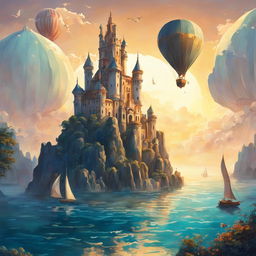 Studio Ghibli style image of a Rococo-inspired Atlantis-type marble castle emerging from sea at sunrise with scattered islands, a hot air balloon and three sailboats in distance