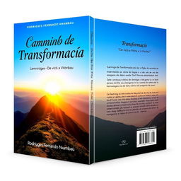 A captivating book cover design for the front and back of a book titled "Caminho de Transformação" with the subtitle "De vício a Vitória" by Rodrigues Fernando Nhambau