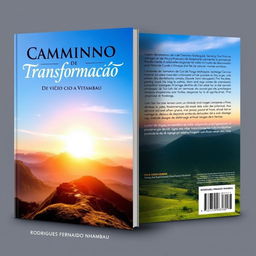 A captivating book cover design for the front and back of a book titled "Caminho de Transformação" with the subtitle "De vício a Vitória" by Rodrigues Fernando Nhambau