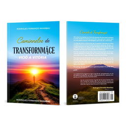 A captivating book cover design for the front and back of a book titled "Caminho de Transformação" with the subtitle "De vício a Vitória" by Rodrigues Fernando Nhambau