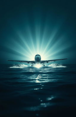 A Beeckraf airplane making a water landing, surrounded by a bright light emerging from the depths of the ocean illuminating the scene