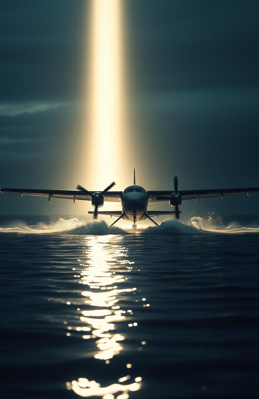 A Beeckraf airplane making a water landing, surrounded by a bright light emerging from the depths of the ocean illuminating the scene