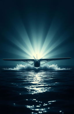 A Beeckraf airplane making a water landing, surrounded by a bright light emerging from the depths of the ocean illuminating the scene