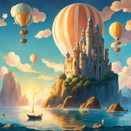 Studio Ghibli style image of a Rococo-inspired Atlantis-type marble castle emerging from sea at sunrise with scattered islands, a hot air balloon and three sailboats in distance