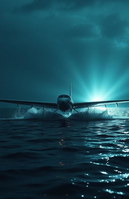A Beeckraf airplane making a water landing, surrounded by a bright light emerging from the depths of the ocean illuminating the scene