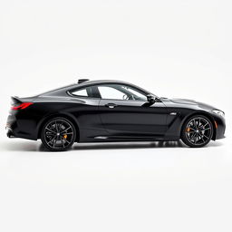 A sleek, totally black BMW M8, showcasing its elegant and powerful silhouette from a side view