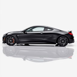 A sleek, totally black BMW M8, showcasing its elegant and powerful silhouette from a side view