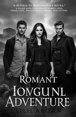 A book cover design for a romantic adventure novel filled with conspiracy, family love, struggle drama, and action