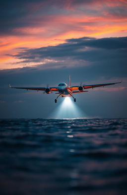A Beeckraft airplane landing on water, illuminated by a bright light emerging from the depths of the sea, creating a captivating contrast with the sunset sky
