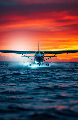 A Beeckraft airplane landing on water, illuminated by a bright light emerging from the depths of the sea, creating a captivating contrast with the sunset sky