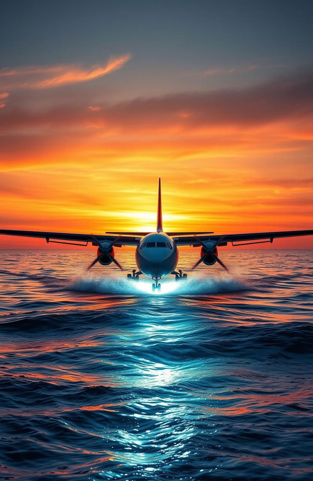 A Beeckraft airplane landing on water, illuminated by a bright light emerging from the depths of the sea, creating a captivating contrast with the sunset sky