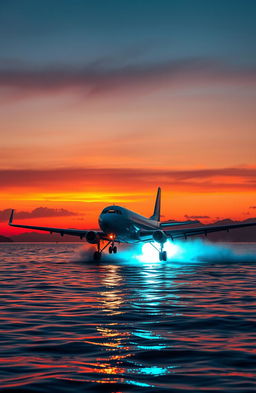 A Beeckraft airplane landing on water, illuminated by a bright light emerging from the depths of the sea, creating a captivating contrast with the sunset sky