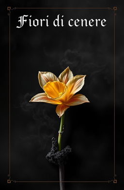 A captivating book cover for a dark romance titled 'Fiori di cenere', featuring a striking narcissus flower intricately crafted from ash, poised delicately on the brink of crumbling