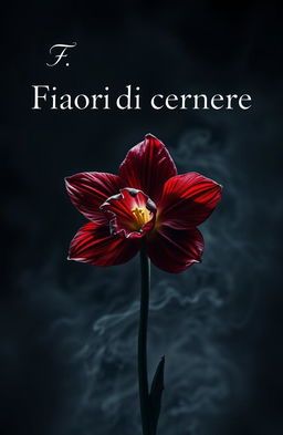 A captivating book cover for a dark romance titled 'Fiori di cenere', featuring a striking narcissus flower intricately crafted from ash, poised delicately on the brink of crumbling