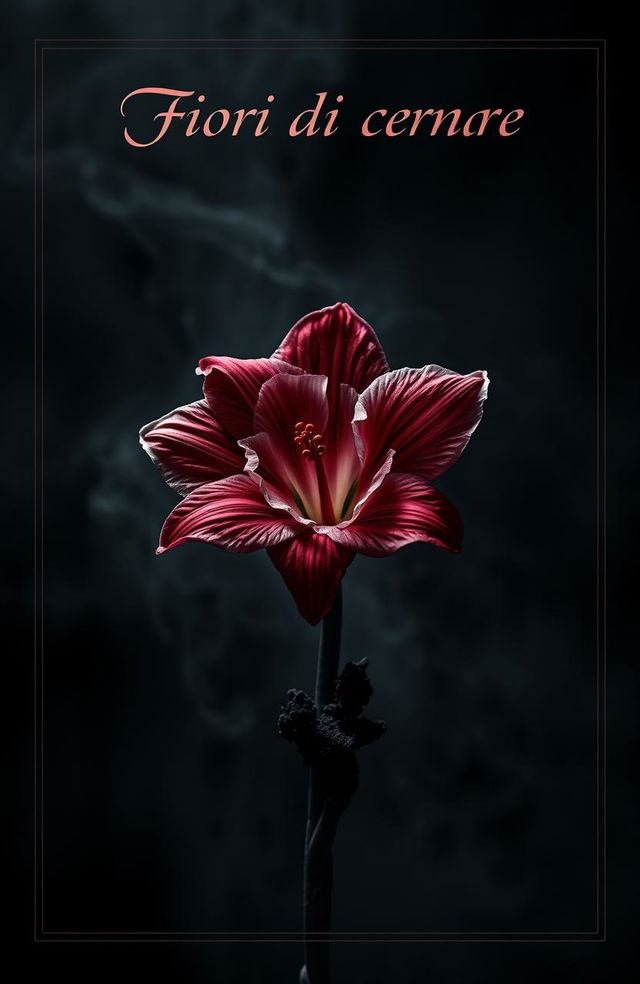 A captivating book cover for a dark romance titled 'Fiori di cenere', featuring a striking narcissus flower intricately crafted from ash, poised delicately on the brink of crumbling