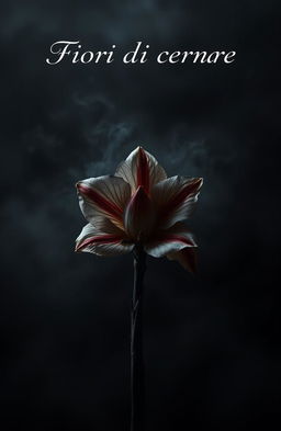 A captivating book cover for a dark romance titled 'Fiori di cenere', featuring a striking narcissus flower intricately crafted from ash, poised delicately on the brink of crumbling