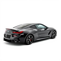 A sleek, totally black BMW M8 showcased against a pristine, totally white background