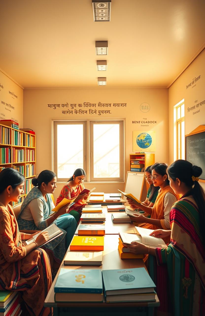 A vibrant classroom scene depicting students engaging in a group study of Bengali literature