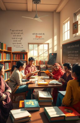 A vibrant classroom scene depicting students engaging in a group study of Bengali literature