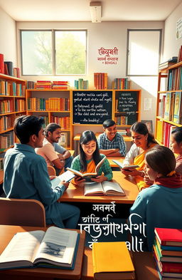 A vibrant classroom scene depicting students engaging in a group study of Bengali literature