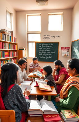 A vibrant classroom scene depicting students engaging in a group study of Bengali literature