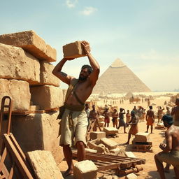 A detailed depiction of a day in the life of an ancient Egyptian laborer working on the construction of the Great Pyramid