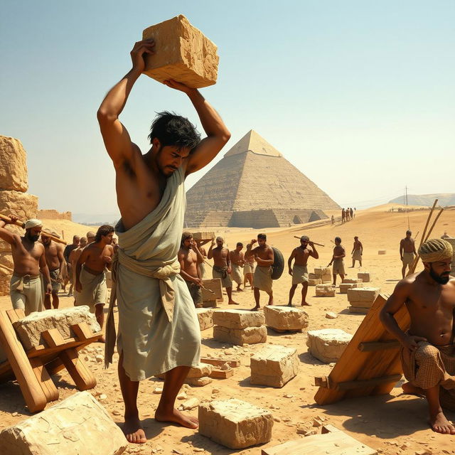 A detailed depiction of a day in the life of an ancient Egyptian laborer working on the construction of the Great Pyramid