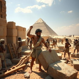 A detailed depiction of a day in the life of an ancient Egyptian laborer working on the construction of the Great Pyramid