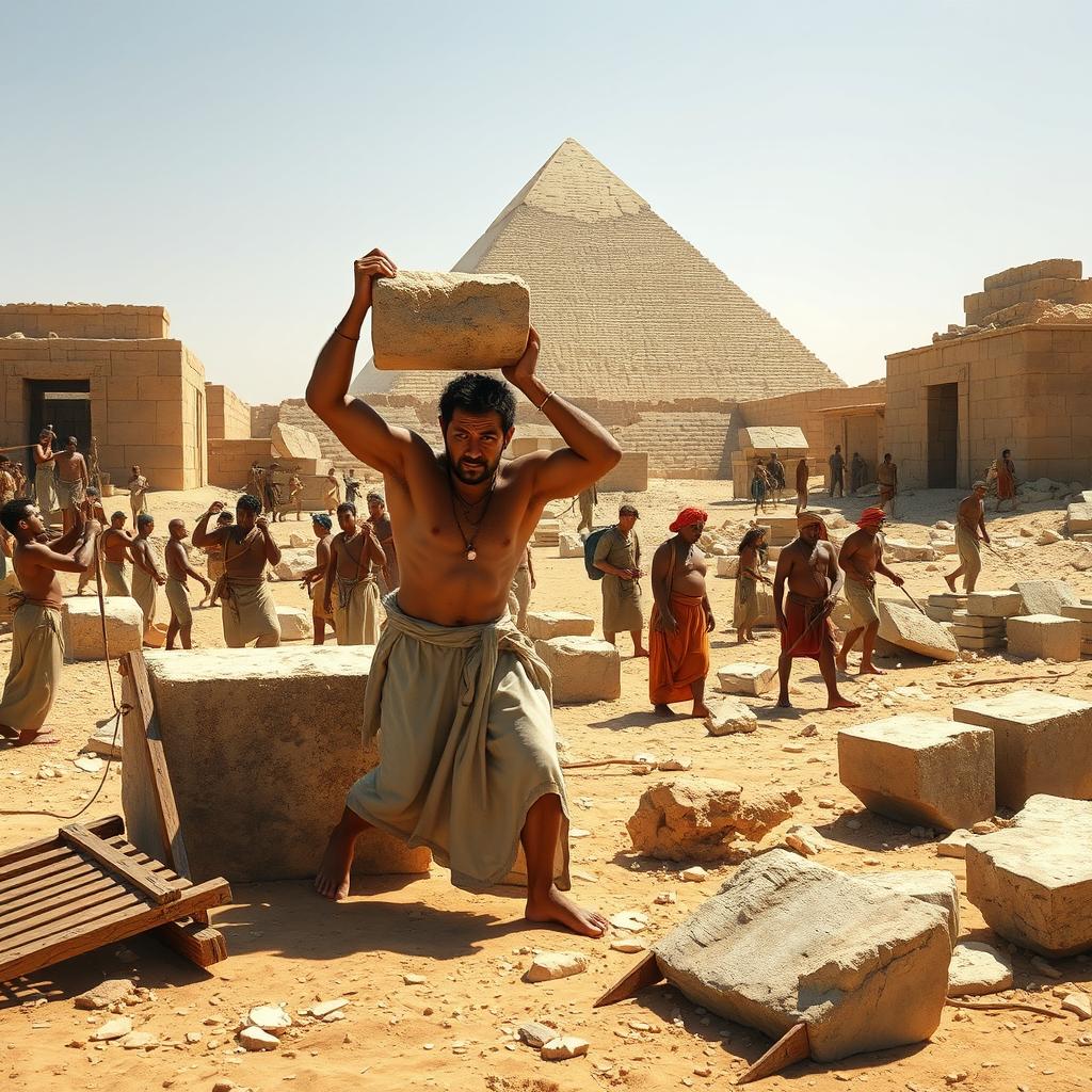 A detailed depiction of a day in the life of an ancient Egyptian laborer working on the construction of the Great Pyramid