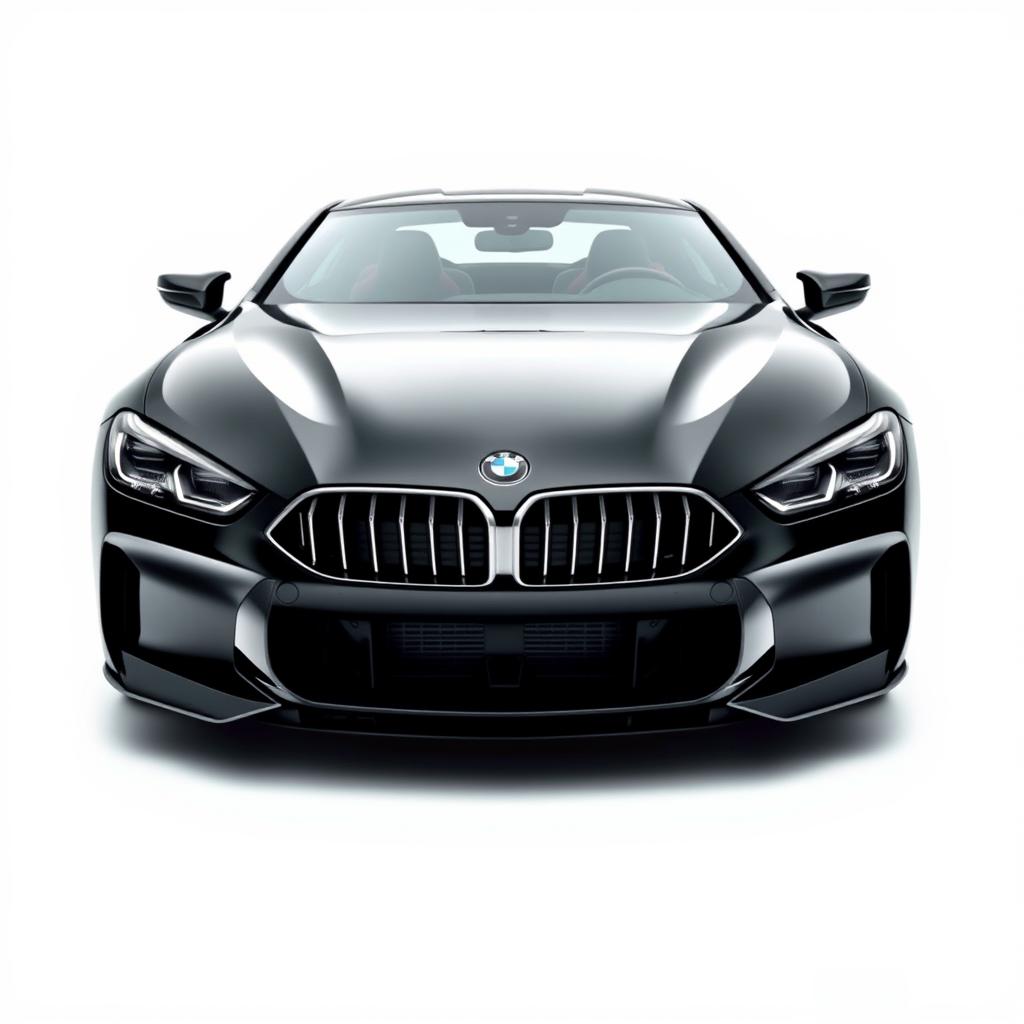 A sleek and powerful black BMW M8 supercar, featured prominently from the front view