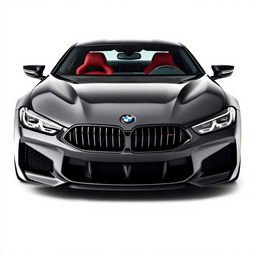 A sleek and powerful black BMW M8 supercar, featured prominently from the front view