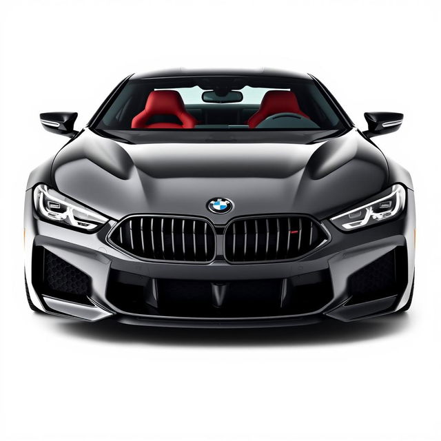 A sleek and powerful black BMW M8 supercar, featured prominently from the front view