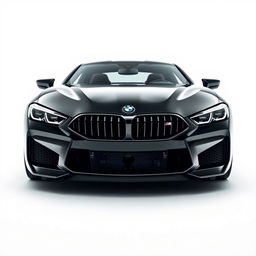 A sleek and powerful black BMW M8 supercar, featured prominently from the front view