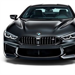 A sleek and powerful black BMW M8 supercar, featured prominently from the front view