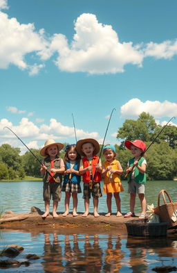 A nostalgic scene depicting friends fishing together in childhood