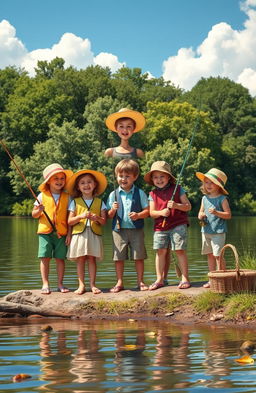 A nostalgic scene depicting friends fishing together in childhood