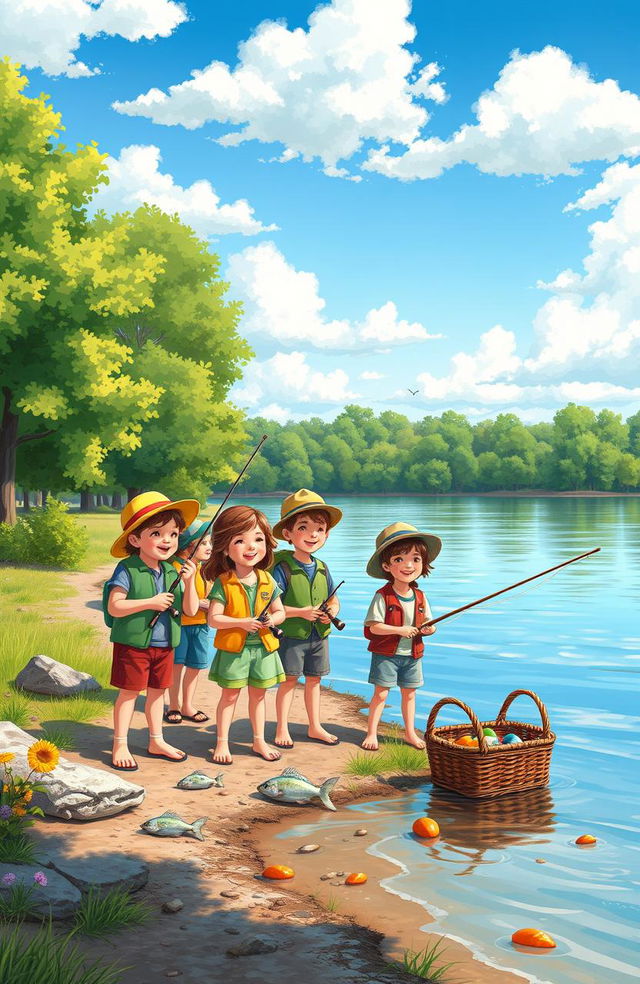 A nostalgic scene depicting friends fishing together in childhood