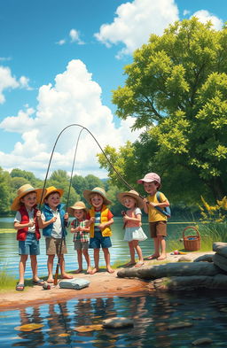 A nostalgic scene depicting friends fishing together in childhood