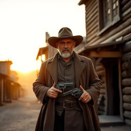 A rugged village gunman standing confidently in front of an old, rustic wooden building